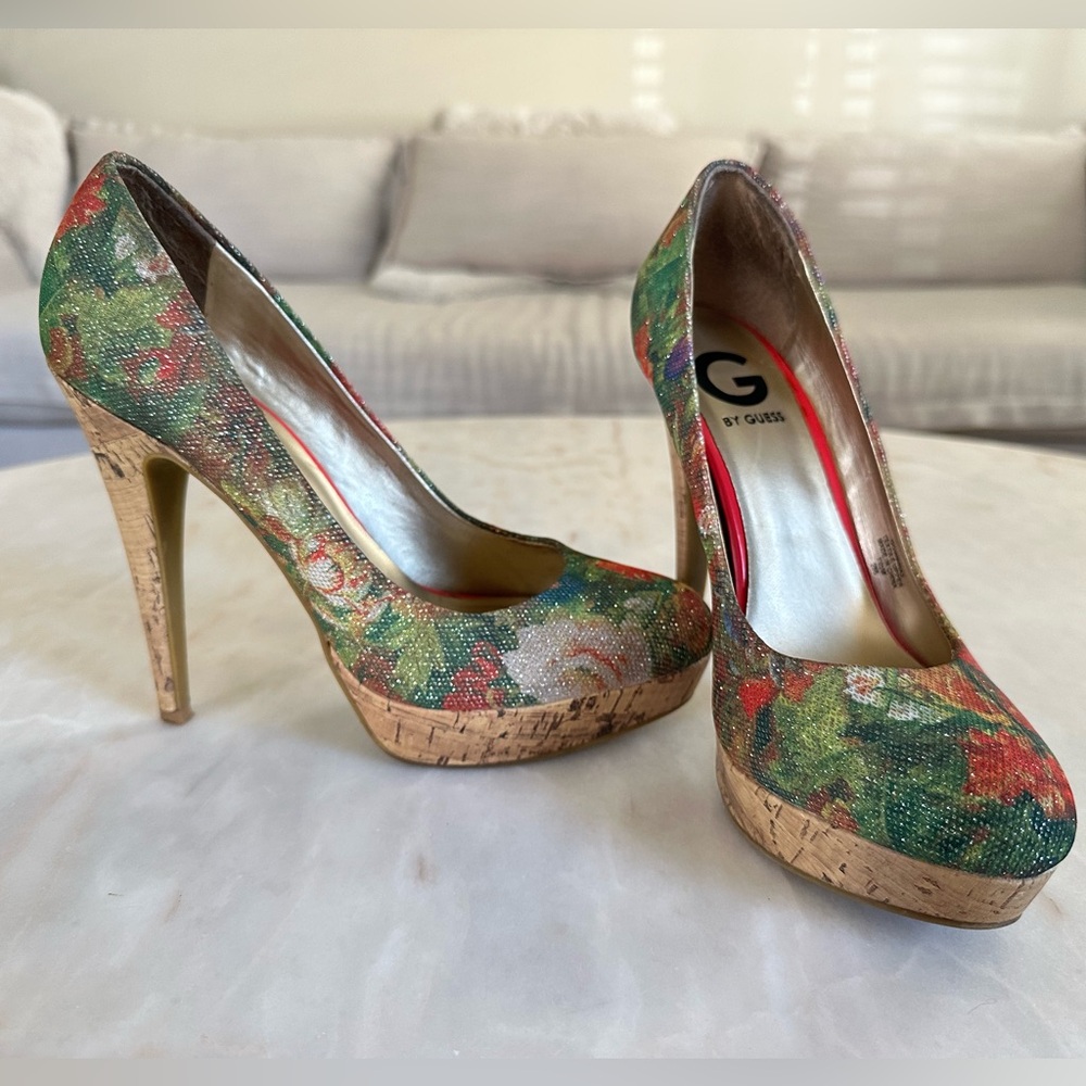 Guess Sparkly Floral Cork Platform Pumps